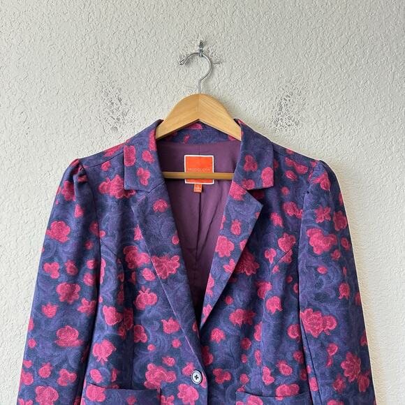 MODCLOTH Blazer Jacket Blue Red Floral Lined Brocade Office Preppy 90s - Picture 4 of 13